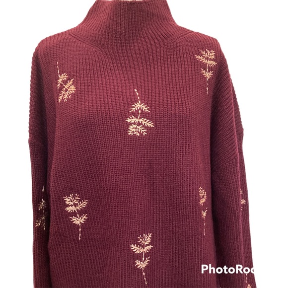 Cozy Casual Sweaters - Cozy Co, Mock Turtleneck Sweater, Size 2X Burgundy with embroidered foliage